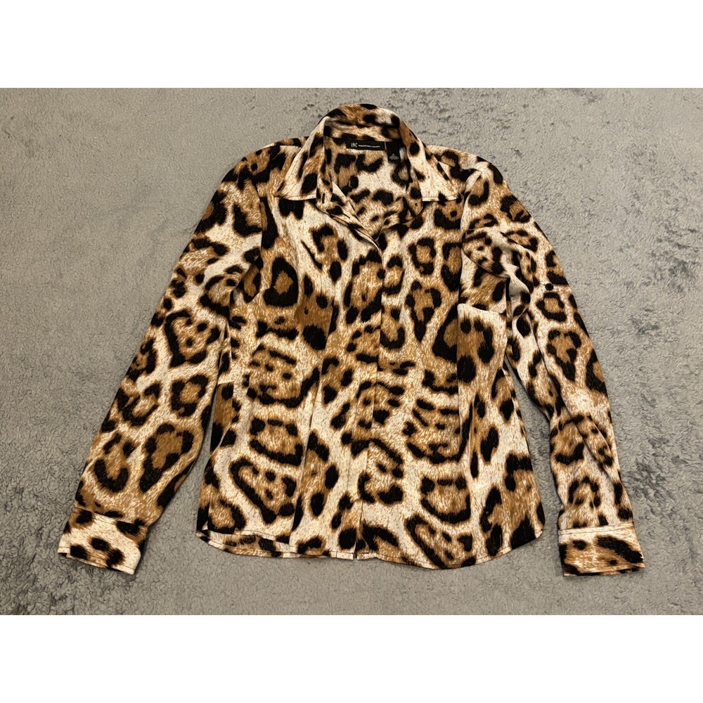 INC International Concepts Leopard Blouse Button Front Shirt Tan Black Womens 4